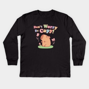 Cute Capybara And Butterflies Don't Worry Be Capy Kids Long Sleeve T-Shirt